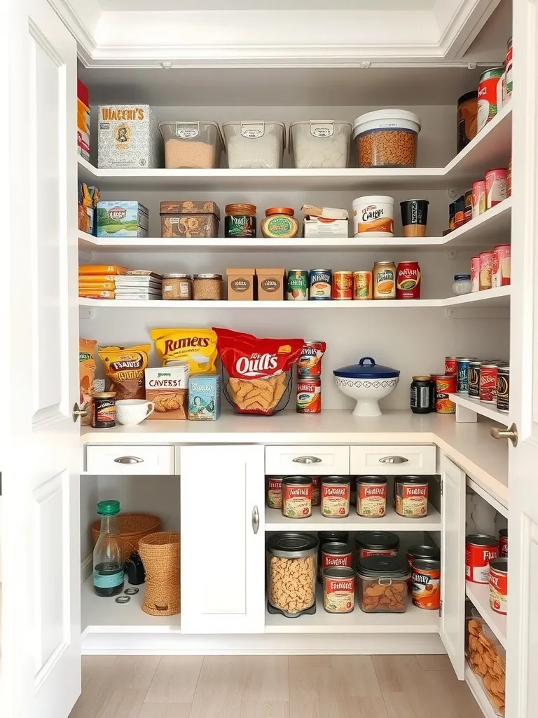 Organized pantry showing different zones for snacks, canned goods, and baking supplies.