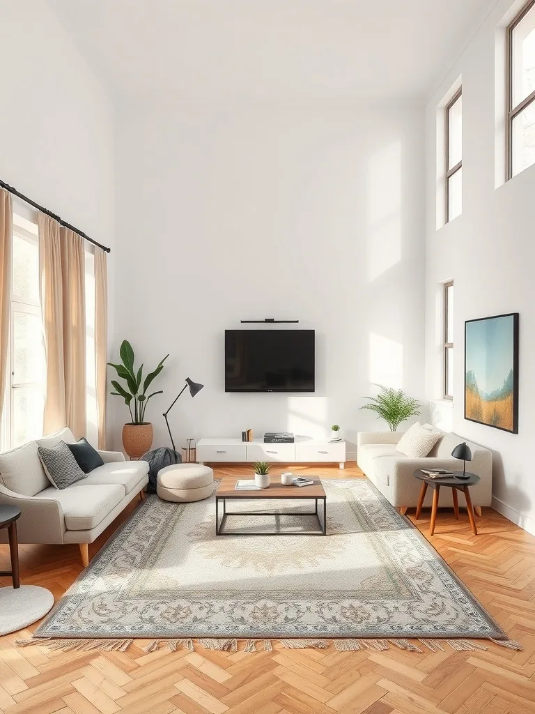 Living room with high ceilings and area rug