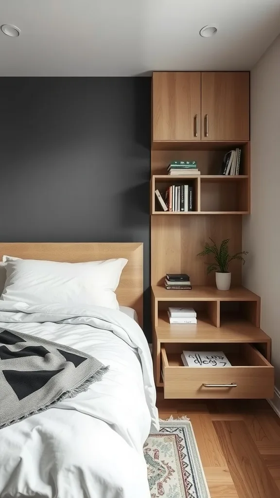 A small bedroom featuring a wooden bedside storage unit with open shelves and drawers.