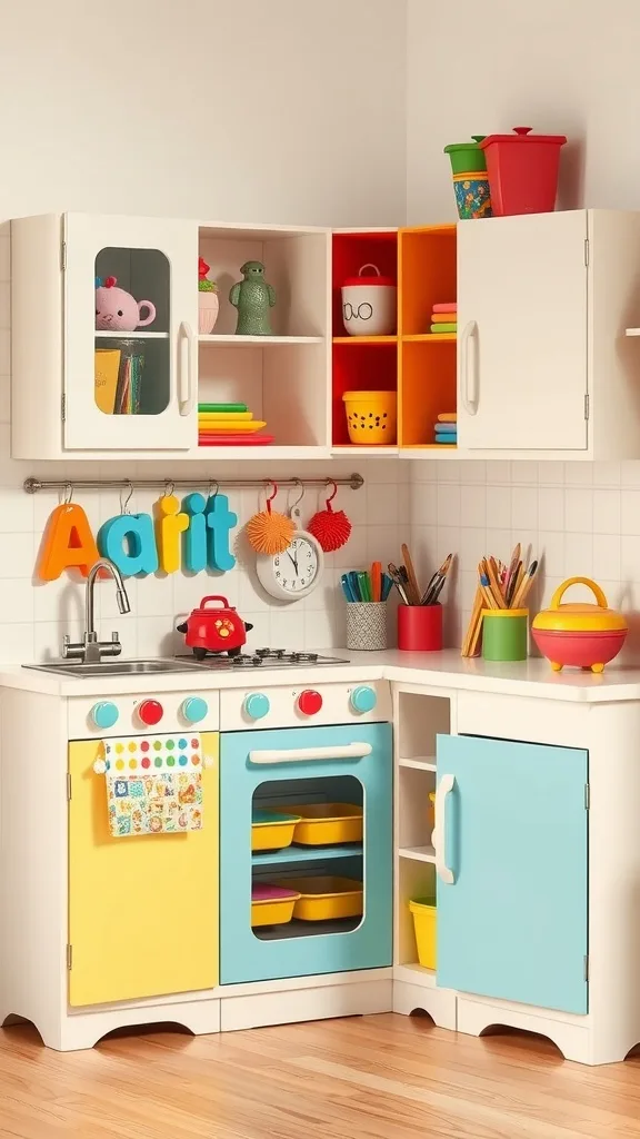 A colorful kitchen corner designed for kids with toys and art supplies.