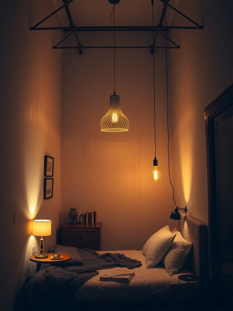 A narrow bedroom with creative lighting solutions, featuring pendant lights, bedside lamps, and wall sconces.