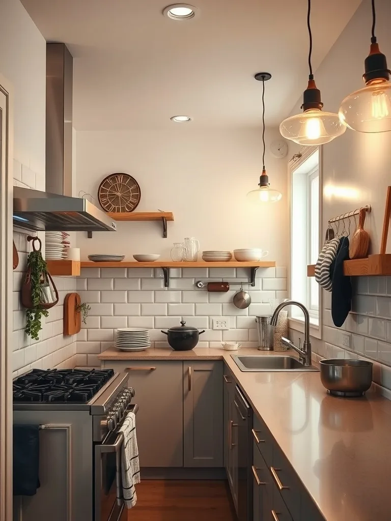 A small galley kitchen featuring recessed lights and stylish pendant lights.