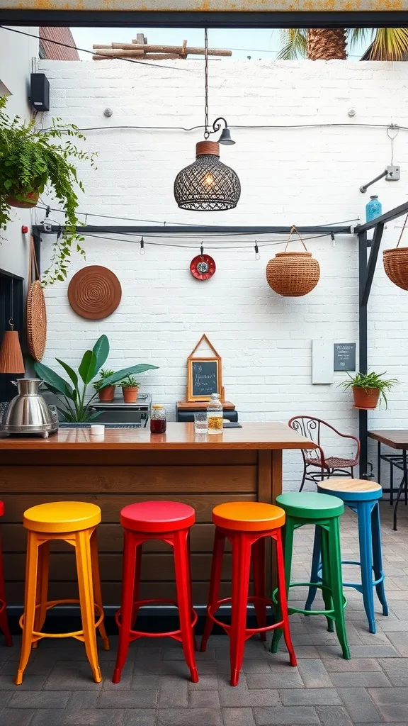 Colorful outdoor bar setup with bright stools, wooden bar, and plants.