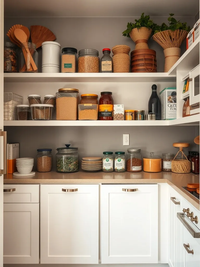 A beautifully organized modern boho kitchen pantry featuring shelves with jars, baskets, and plants.