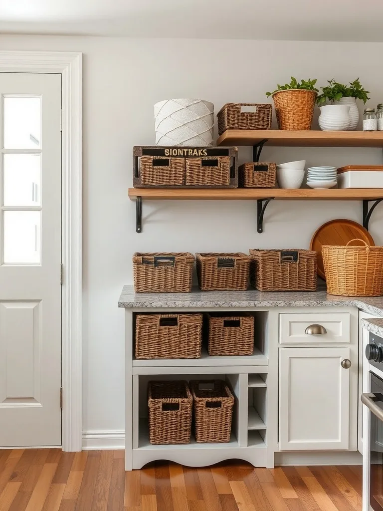 A cozy kitchen corner with open shelves showcasing woven baskets, pots, and a countertop with additional storage solutions.