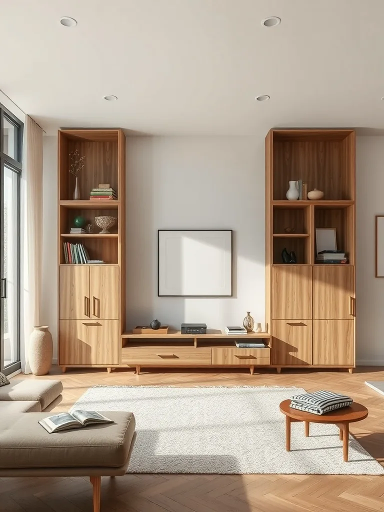 A bright living room featuring wooden shelves, a comfortable couch, and a stylish rug.