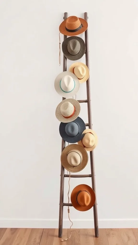 A wooden ladder with various hats displayed on its rungs.