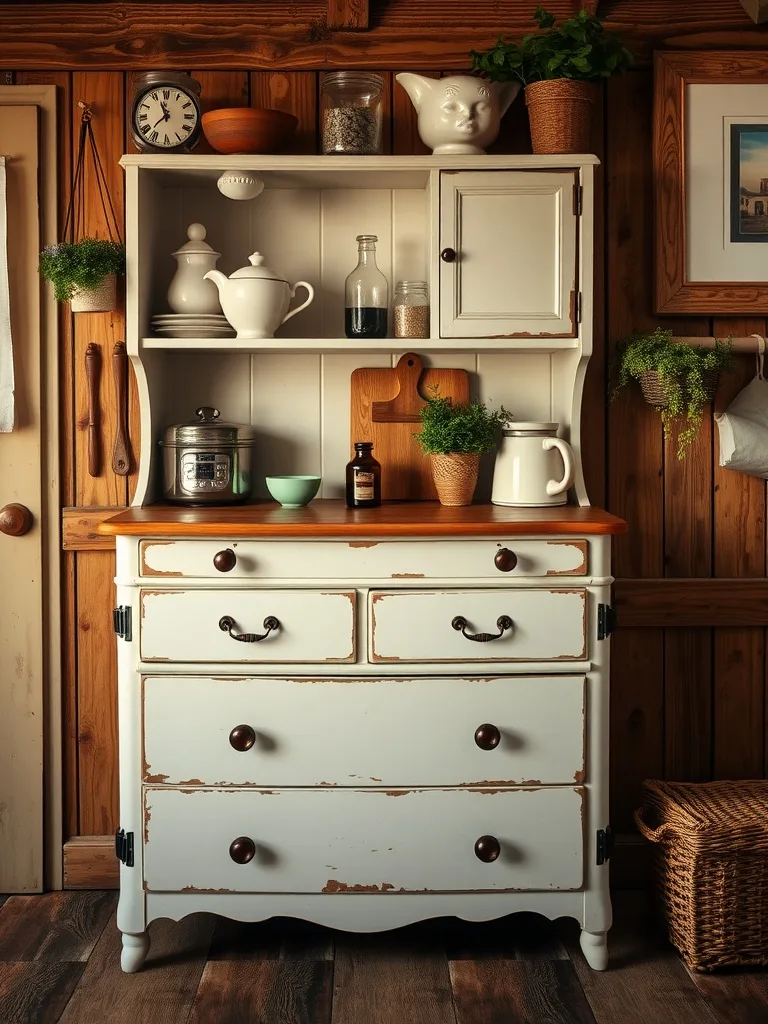 A vintage white hutch with a wooden top, displaying kitchen items and plants.