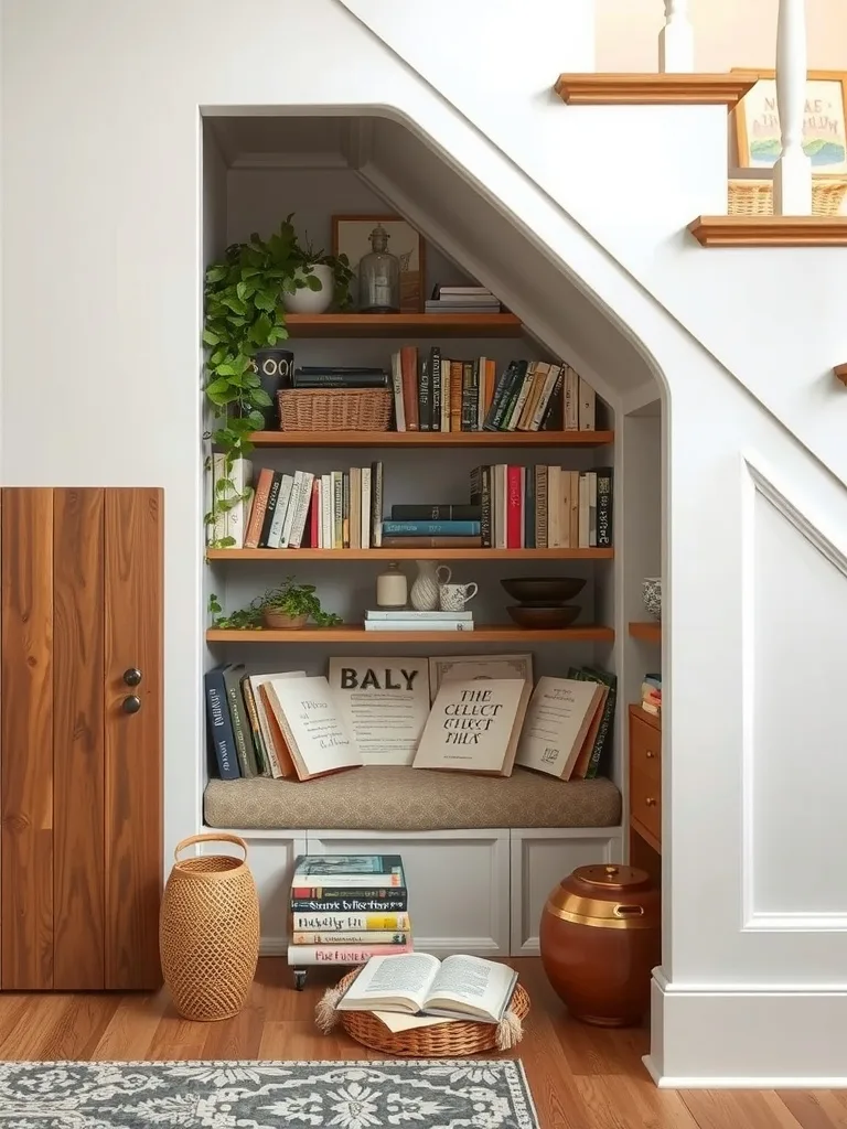 Cozy reading nook under stairs with bookshelves and plants