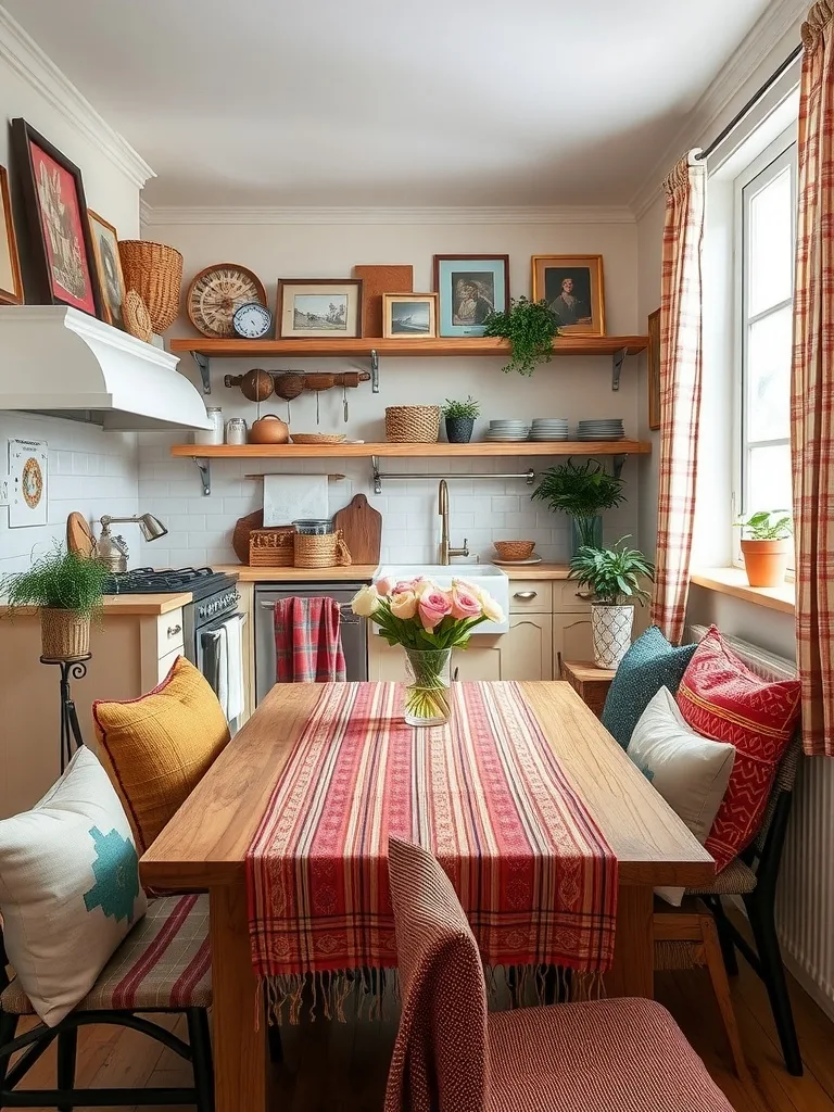 A cozy kitchen featuring a colorful tablecloth, cushions, and patterned curtains, showcasing a warm and inviting atmosphere.