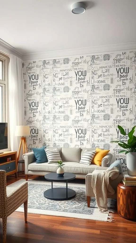 A cozy living room featuring a creative wallpaper design with motivational phrases and patterns.