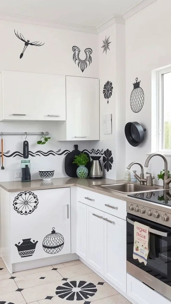 A black and white kitchen featuring creative wall decals and stencils.