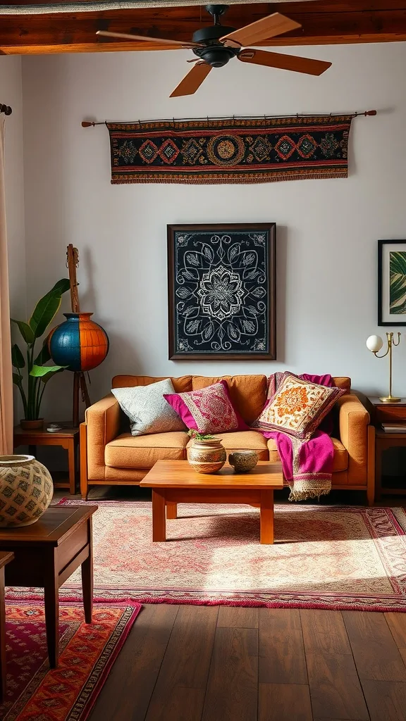 Eclectic living room featuring cultural decor elements such as colorful cushions, a patterned rug, and unique art pieces.