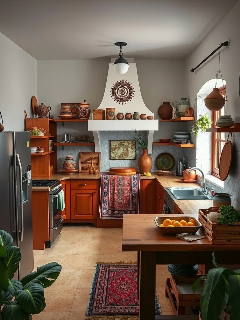 A cozy kitchen featuring warm wooden cabinets, traditional pottery, and vibrant textiles.