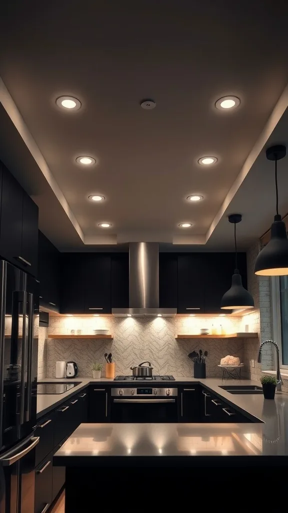 A modern black and white kitchen with recessed lighting and pendant lights.