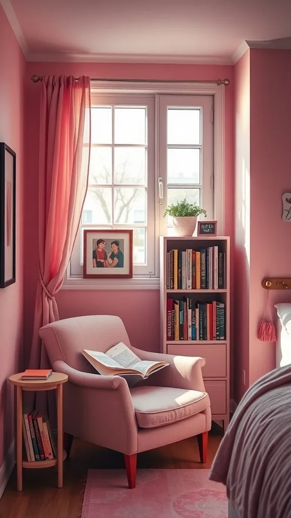 Cozy pink nook with a chair, bookshelf, and window