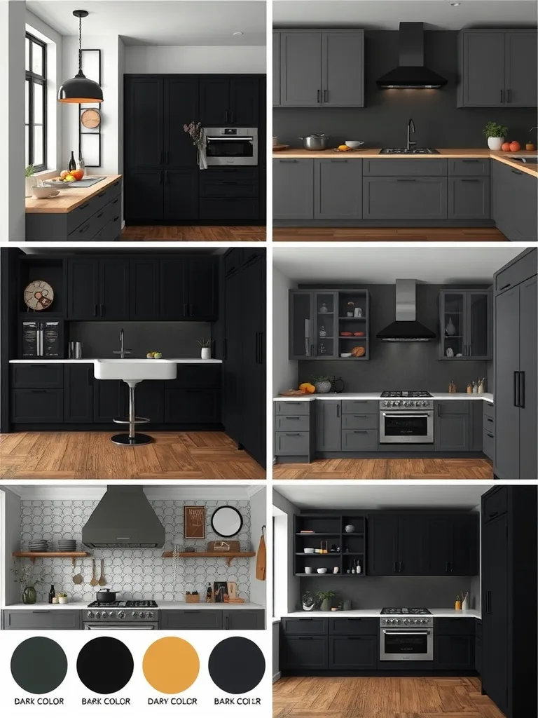 A dark kitchen color palette with a wooden shelf and kitchen items