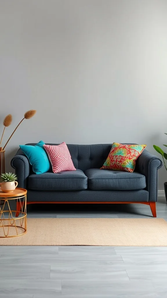 A dark gray sofa with colorful pillows in a stylish living room setting.