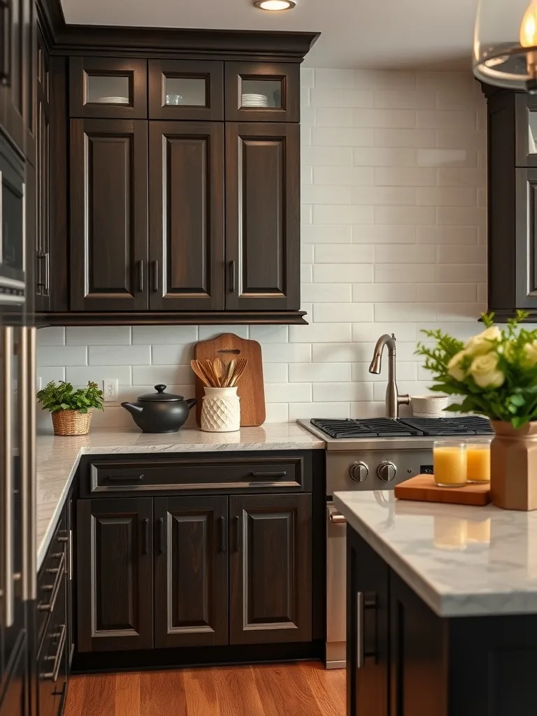 A modern kitchen featuring dark shaker style cabinet doors, showcasing a blend of elegance and warmth.