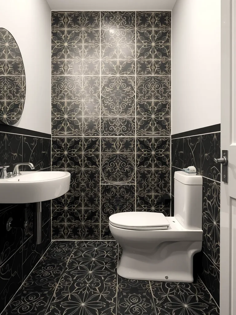 Dark patterned bathroom tiles with circular designs