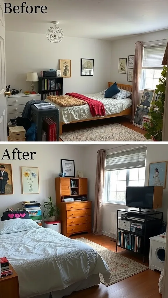 A side-by-side comparison of a bedroom before and after decluttering.