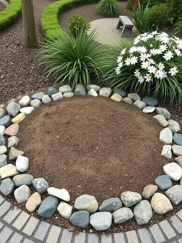 A circular border made of river stones surrounding a sandy area, with plants and flowers in the background.