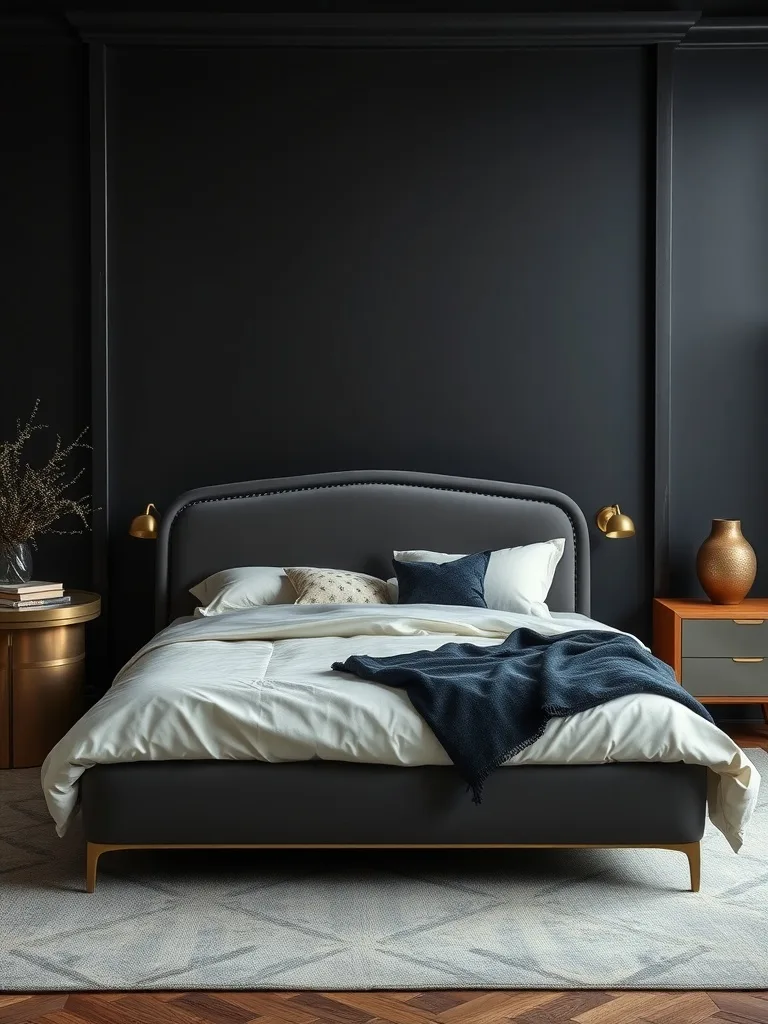 A stylish bedroom featuring deep charcoal walls, a modern bed with a gray upholstered headboard, and warm decorative accents.