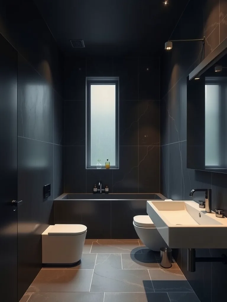 A modern bathroom featuring deep charcoal walls, sleek fixtures, and soft LED lighting.