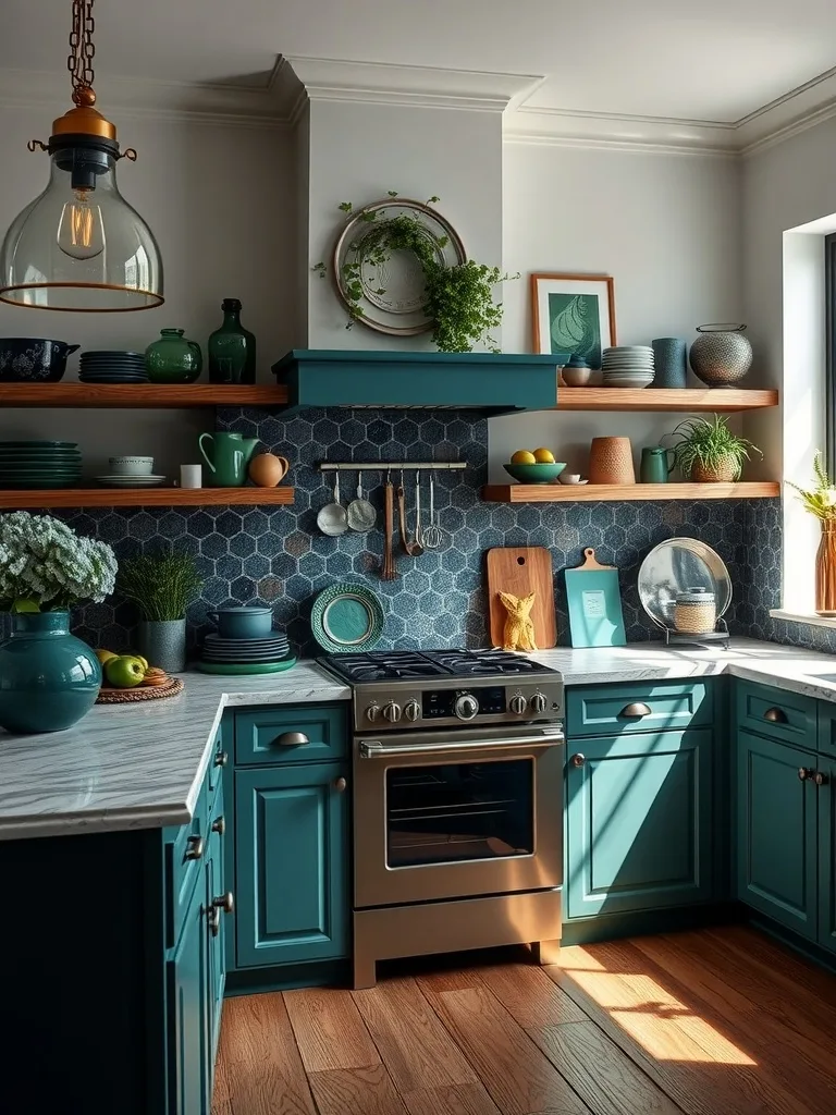 A stylish kitchen featuring deep jewel tone accents with green and blue decor.