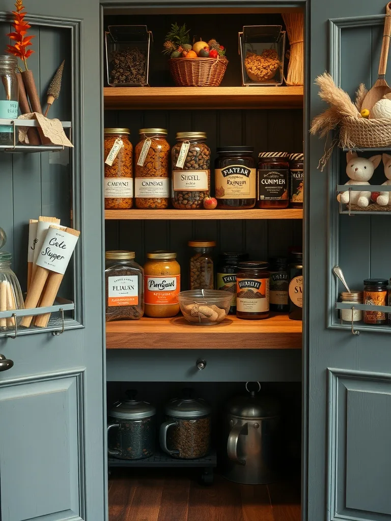 A well-organized pantry featuring seasonal ingredients, jars of spices, and baskets of fruits.