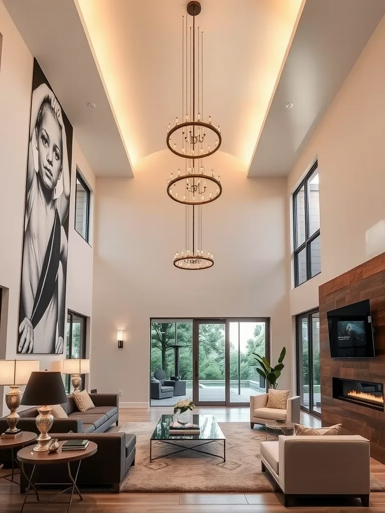 High ceiling living room with stylish pendant lights and modern decor.