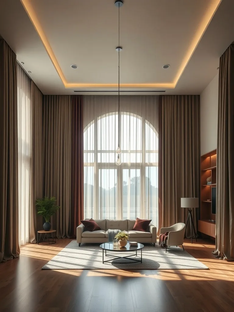 Elegant living room with floor-to-ceiling curtains, modern furniture, and soft lighting.