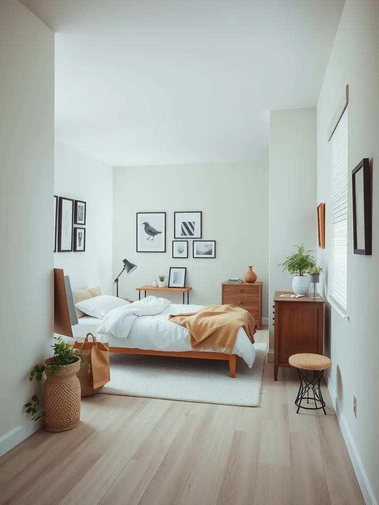 A minimalist narrow bedroom featuring light colors, simple furniture, and framed artwork.