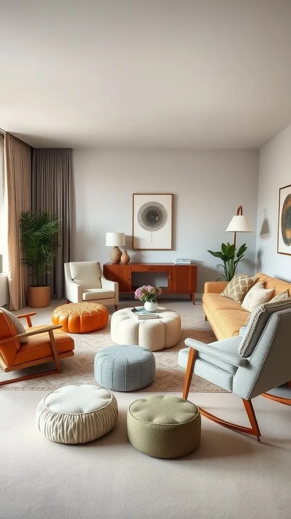 Eclectic living room with diverse seating options including armchairs, poufs, and a couch.