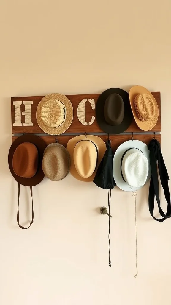 A DIY hat rack made from reclaimed wood displaying various hats.