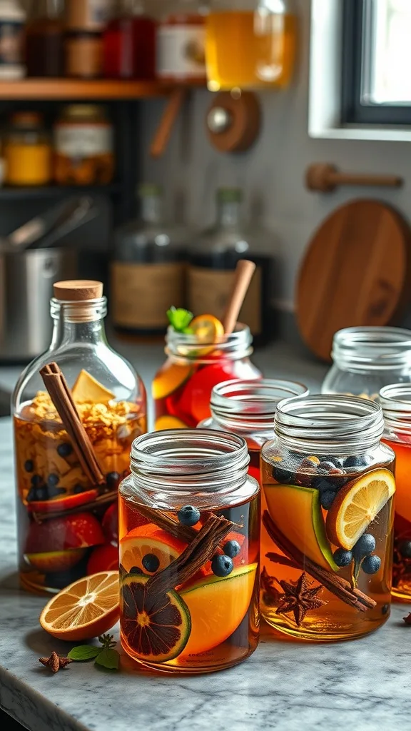 Colorful jars filled with whiskey infusions containing fruits, spices, and herbs, set on a marble surface.