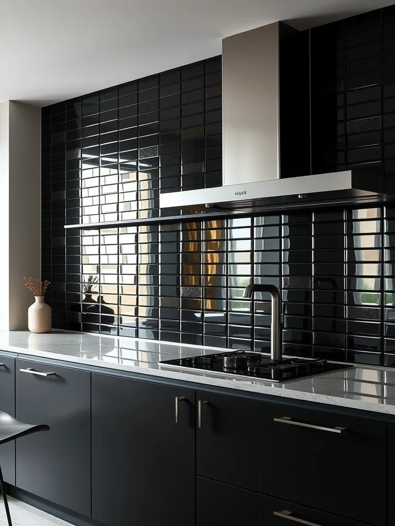 Modern kitchen featuring a dramatic black backsplash and sleek cabinetry