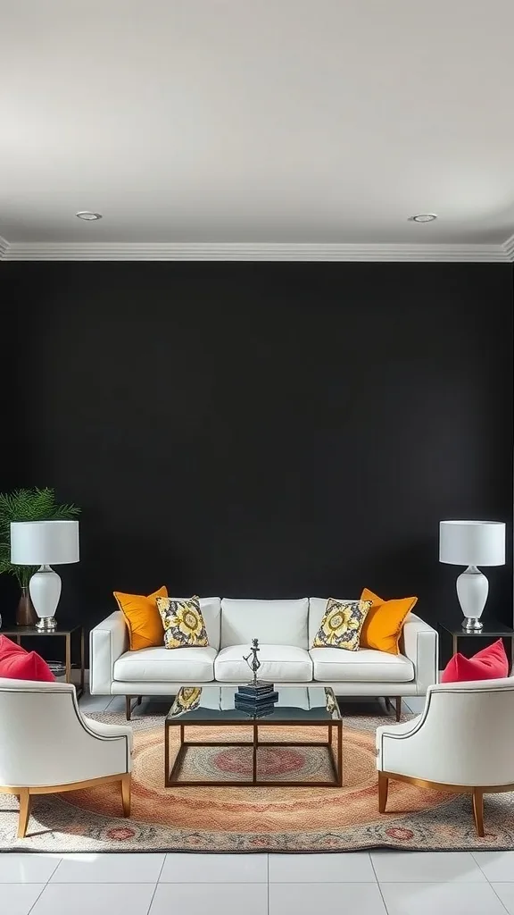 Living room featuring a black accent wall with white furniture and colorful cushions.