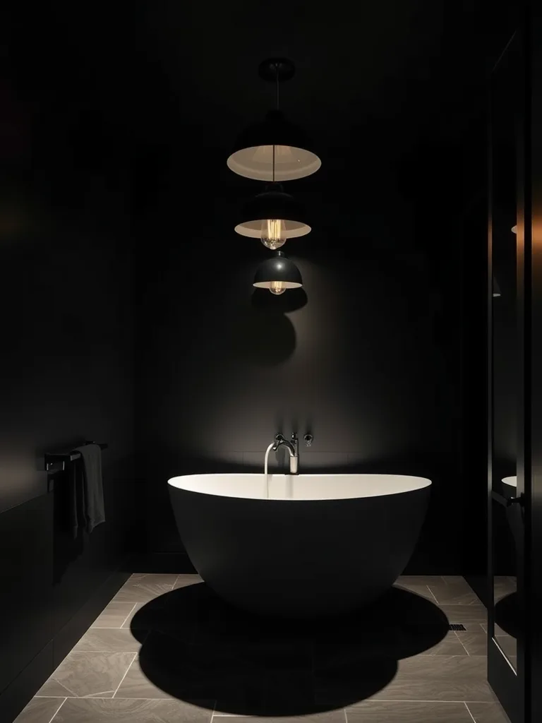 A dark and moody bathroom with pendant lighting and minimalist decor.