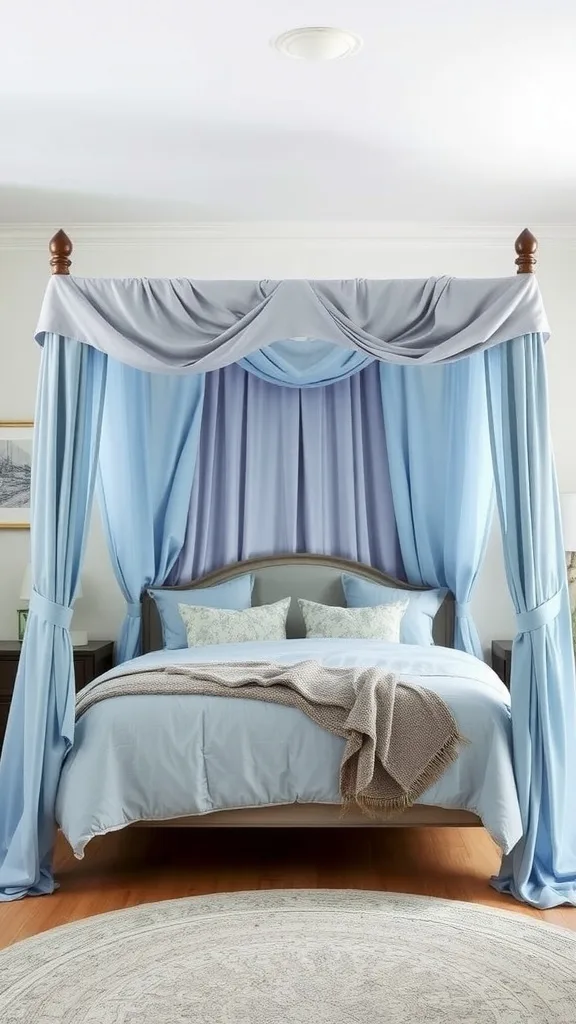 Canopy bed with blue and gray drapes and cozy bedding