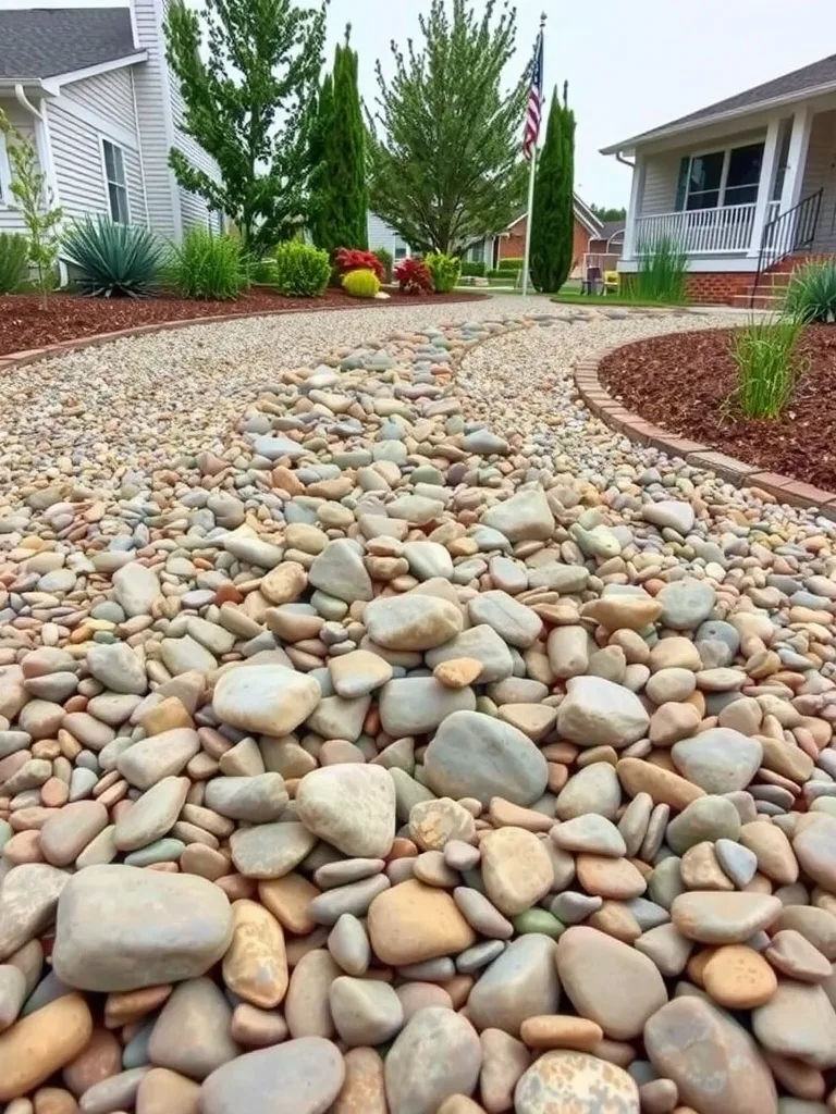 A beautifully landscaped front yard featuring a dry riverbed made of smooth stones, with surrounding plants and a clear pathway.