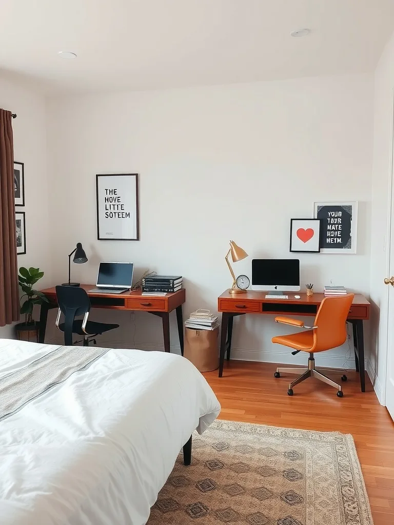 A cozy bedroom featuring two workspaces with desks, chairs, and computers.