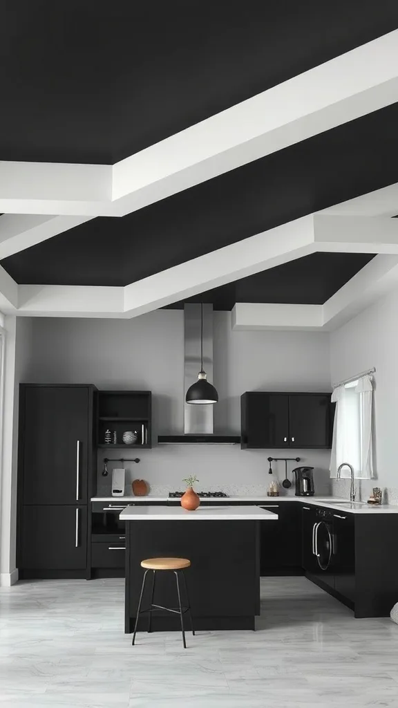 A stylish black and white kitchen featuring a dynamic ceiling design.