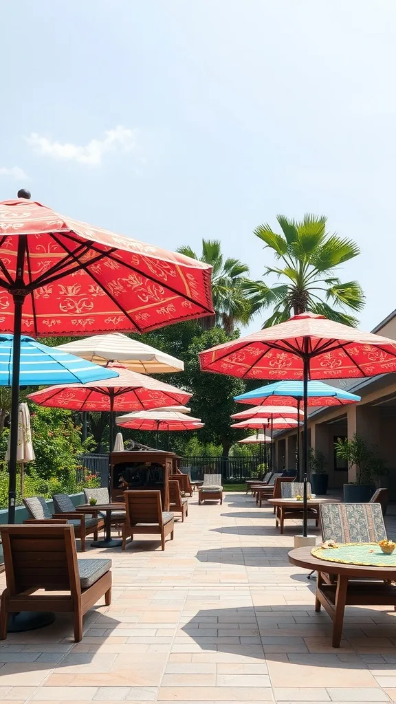 A vibrant outdoor patio with colorful umbrellas providing shade over wooden seating.