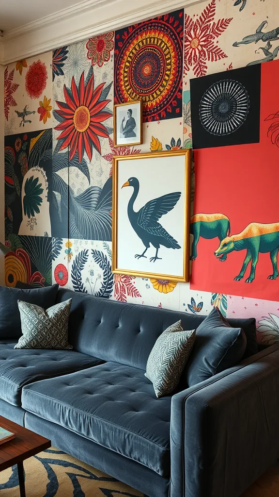 A dark gray sofa set against a patterned wall, showcasing dynamic colors and designs.