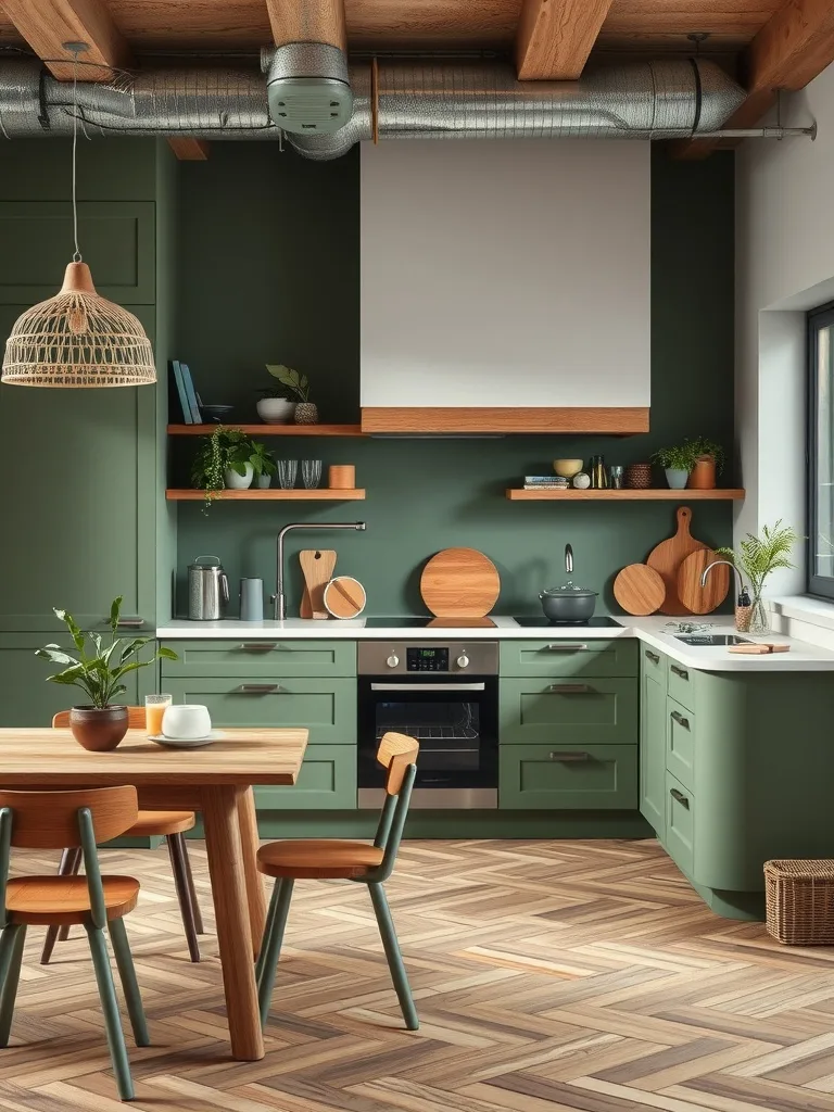 A modern boho kitchen featuring earthy green cabinets, wooden shelves, and plants.