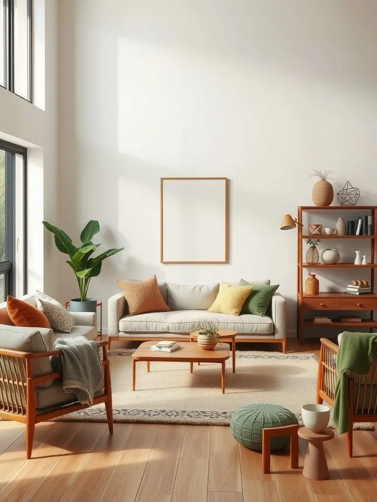 A bright and airy living room featuring earthy tones with green accents and wooden furniture.