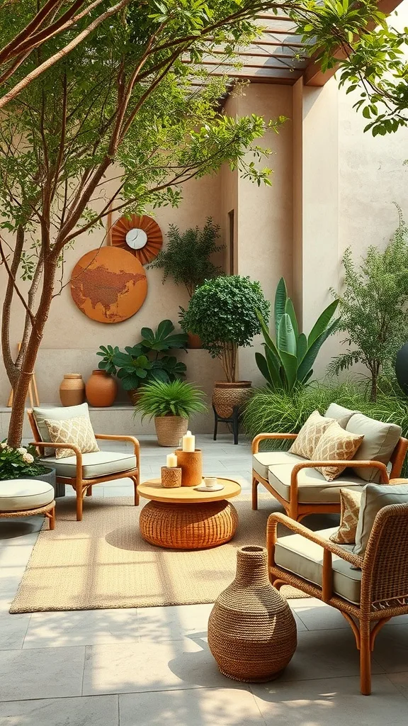 A cozy outdoor patio with earthy tones, featuring wicker furniture, green plants, and natural textures.