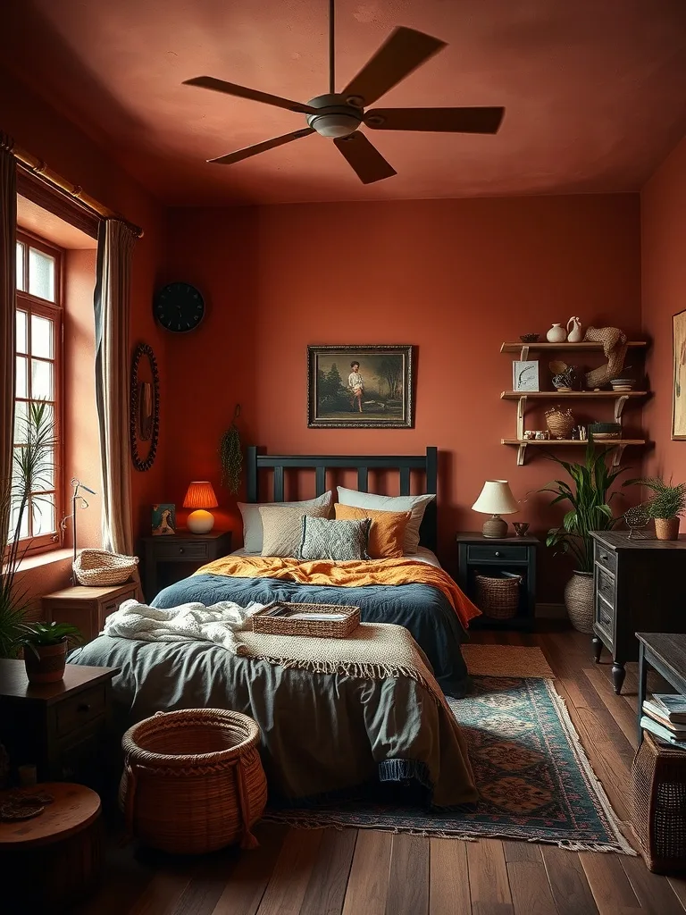 A cozy bedroom with earthy terracotta walls and warm decor.