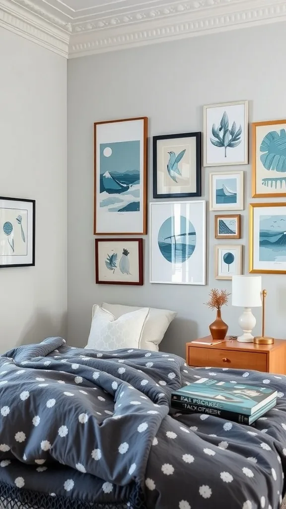 Eclectic art display in a blue and gray bedroom, featuring various framed artworks on the wall.